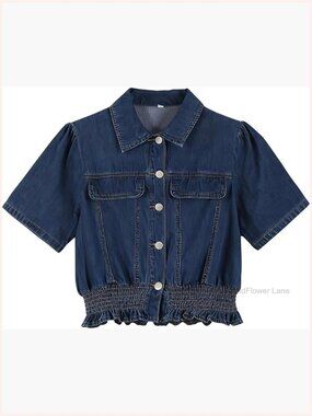 Short Sleeve Peplum Denim Crop Top Button Down Shirt Puff Sleeve Cowgirl Blouse